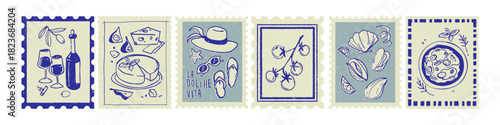 Italian summer stamps collection with hand drawn blue sketches of traditional food. Vector illustration of postcard icons with wine bottle, cheese, beach accessories, tomatoes, pizza and seashells