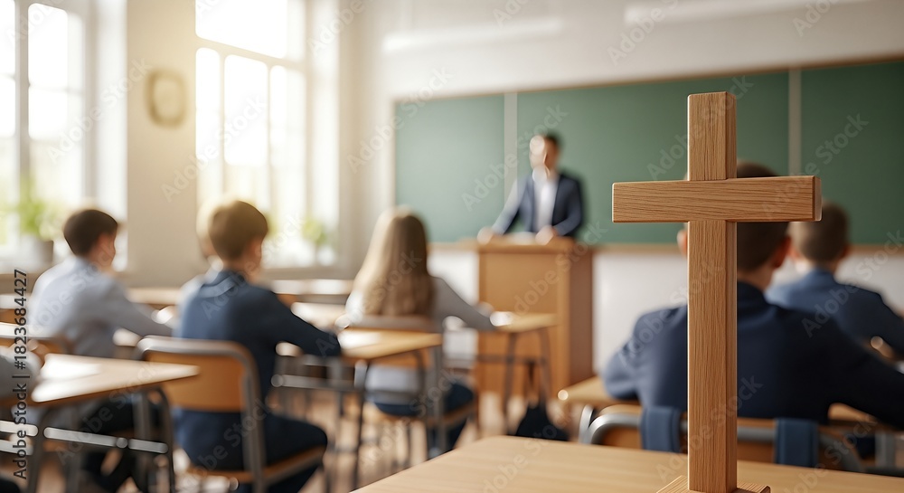 Fototapeta premium Wooden cross placed on a desk in a classroom, with students attentively listening to a teacher at the front, emphasizing the importance of faith and education in a religious context