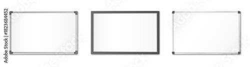Whiteboard mockup with blank white board surface for office presentations. Realistic 3D isolated vector illustration of empty classroom flipchart with magnetic frame. Business meeting templates.