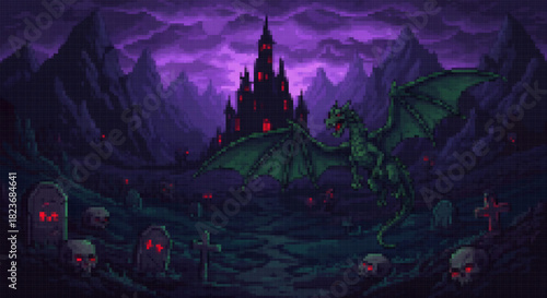 Pixel art dark fantasy scene featuring a green dragon flying over a spooky graveyard with skulls and a castle under a purple sky.