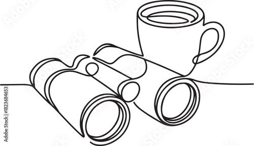 Continuous line art illustration of pair of binoculars beside coffee mug with handmade contour