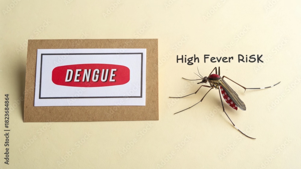 Fototapeta premium A Mosquito Near a Sign Warning of Dengue Fever