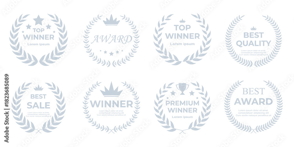 Obraz premium Award winner emblem collection in luxurious silver featuring radiant laurel wreaths, bold winner text, and professional recognition symbols ideal for certificates, official awards, and elite business 