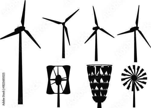 Flat vector, wind turbine silhouettes, renewable energy icons, vertical axis, horizontal axis, clean power, green tech