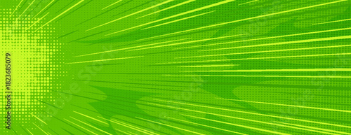 Green comic background with pop art halftone texture and starburst pattern. Retro cartoon style with radial rays, dotted effect and sunburst design. Vibrant abstract backdrop for superhero posters.