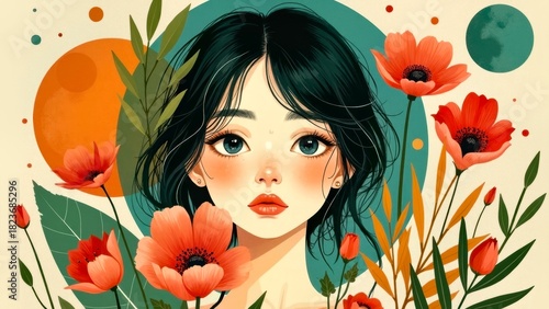 Flat Wind Flower Girl Illustration