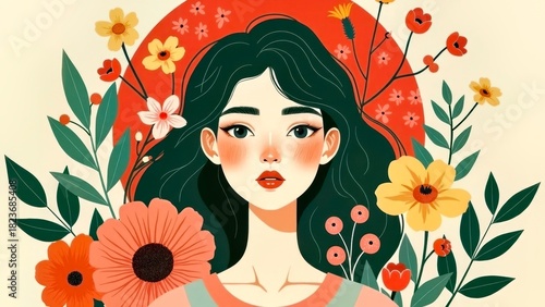 Flat Wind Flower Girl Illustration