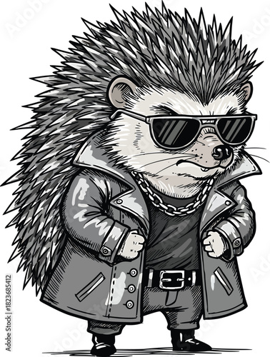 A cool anthropomorphic hedgehog character with sunglasses a chain and a grey trench coat.