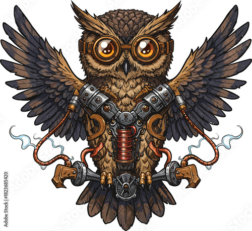 A detailed steampunk owl with spread mechanical wings large goggles and visible pistons.