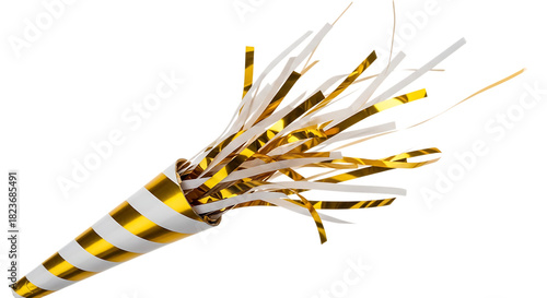 Gold and White Striped Party Blower with Tassels on Black Background noisemaker celebration isolated on a transparent background
