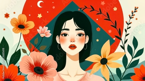 Flat Wind Flower Girl Illustration