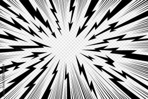 Thunder manga energy burst in comic radial vector form. Thunder manga bg for anime flash, power strike and lightning explosion. Dynamic electric abstract frame for visual design.