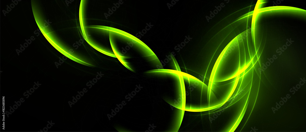 Naklejka premium Bright green lines swirl against black background. Abstract energy flows, creating dynamic visual effect. Minimalist design, modern aesthetic.