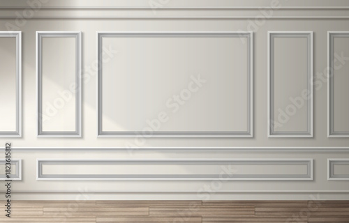 Wall panel frame classic interior with white vintage room molding - empty rectangular borders on beige surface above wood floor. Elegant architectural background for gallery or museum exhibition space