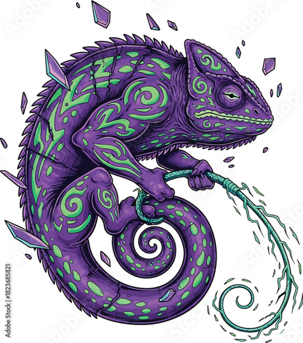 A muscular purple chameleon with green spiral tattoos shedding crystalline skin and holding its whiplike tongue.