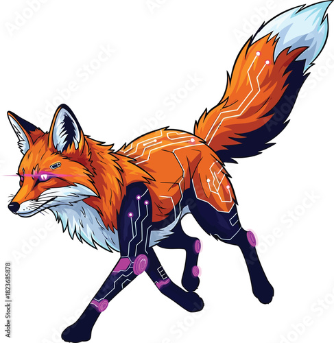 A prowling cybernetic fox with orange fur glowing purple eyes and intricate circuit patterns on its mechanical limbs.