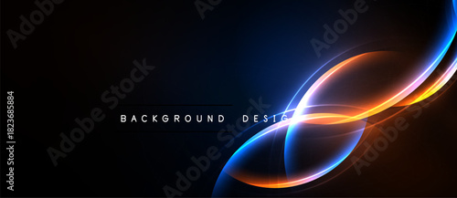 Abstract design features vibrant orange, blue glows against dark backdrop. Modern aesthetic, dynamic lines create energy.