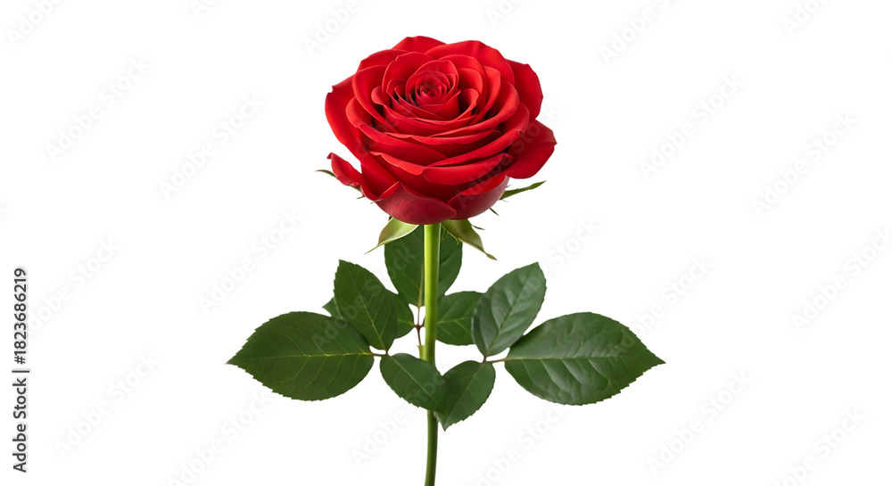 Naklejka premium Single Red Rose with Green Leaves on a Transparent Background single rose flower isolated on a transparent background