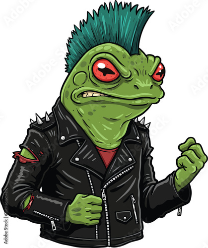 An angry green punk rock frog with a turquoise mohawk and a spiked leather jacket.