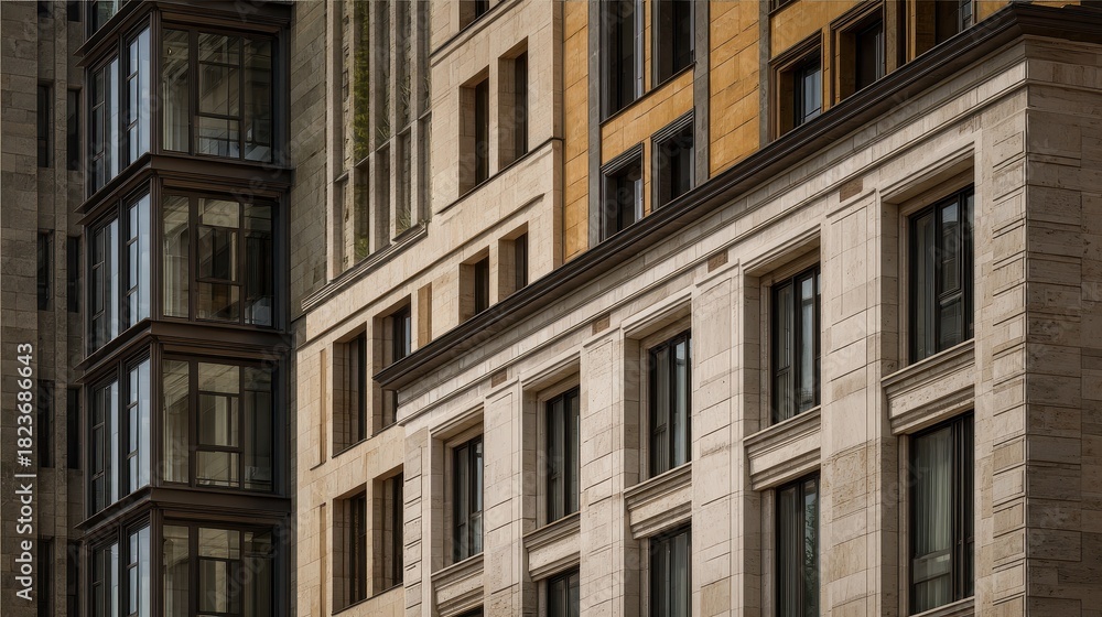 Obraz premium Dynamic Close-up of Varied Modern and Classic Building Facades with Windows