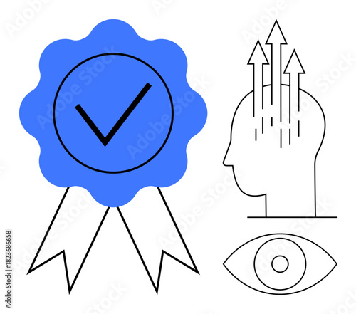 Certification concept. Certification icon with checkmark for success, growth with rising arrows, and eye for vision. Certification for skills, achievements, personal growth, education, and quality
