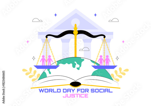 World Day of Social Justice Illustration Featuring Scales and a Gavel Symbolizing Fairness, Equality, and Protection Against Injustice Background
