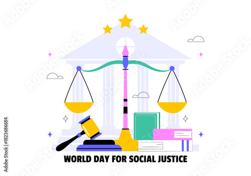World Day of Social Justice Illustration Featuring Scales and a Gavel Symbolizing Fairness, Equality, and Protection Against Injustice Background