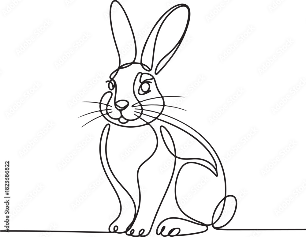 Fototapeta premium Continuous line art illustration of handmade contour forming a sitting rabbit with long ears