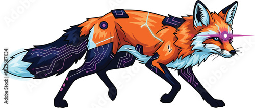 Cybernetic orange fox walking with glowing purple laser eyes and intricate circuit patterns.