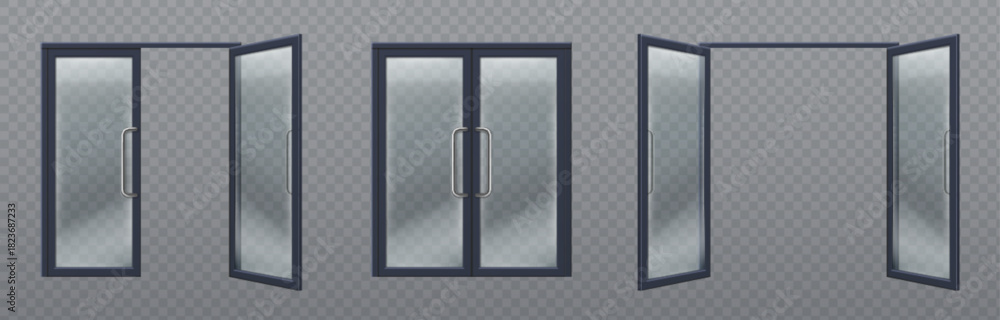 Naklejka premium Glass door entrance set with dark frames and chrome handles. 3d transparent store or office windows in closed and open positions. Realistic shop entry elements for architectural visualization