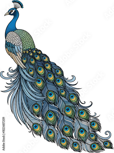 Detailed Peacock Illustration with a Majestic Flowing Tail and Ornate Crest.