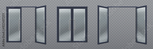 Glass door entrance set with dark frames and chrome handles. 3d transparent store or office windows in closed and open positions. Realistic shop entry elements for architectural visualization