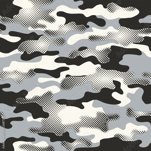 Seamless kamo  urban camouflage pattern with halftone dots vector illustration