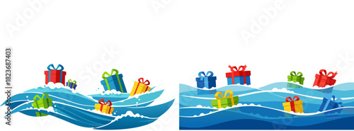 Multicolored gifts floating on ocean waves in colorful wrapping and surf, transparent background, isolated, vector, set
