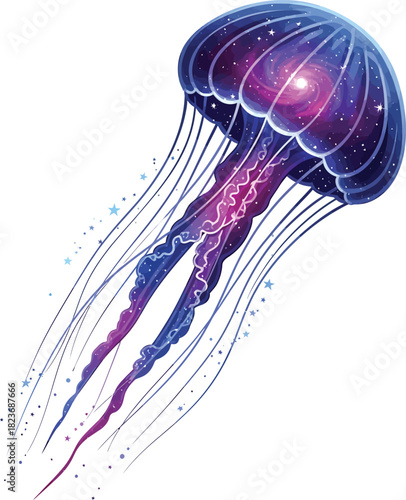 Fantastical purple and blue galaxy jellyfish with sparkling details and long delicate tentacles.