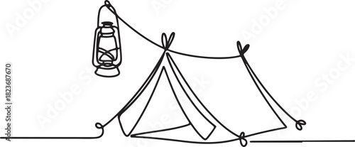 Continuous line art illustration of small tent with lantern dangling nearby using handmade contour