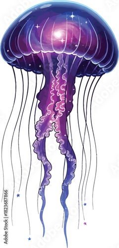 Fantastical purple jellyfish with a glowing cosmic galaxy bell and delicate tentacles.
