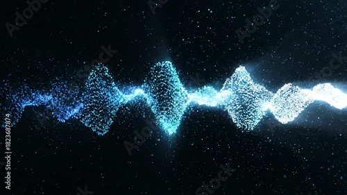 Subtle bright white light wave pulse moves across a vast dark void causing minute scattered digital particles to momentarily illuminate and vibrate black background, quantum, clean