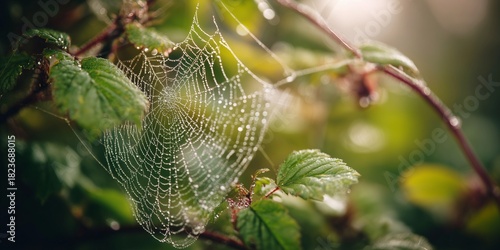 Close-up of dew-covered spiderweb among green foliage, early sunrise, natural macro detail