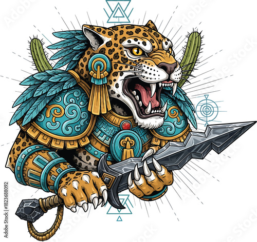 Fierce Anthropomorphic Jaguar Warrior in Ornate Aztec Armor Holding an Obsidian Dagger.