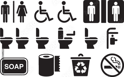 Toilet vector icons set, male or female restroom wc
