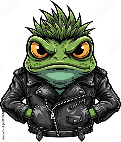 Fierce cartoon frog with a green spiky mohawk wearing a black leather biker jacket.