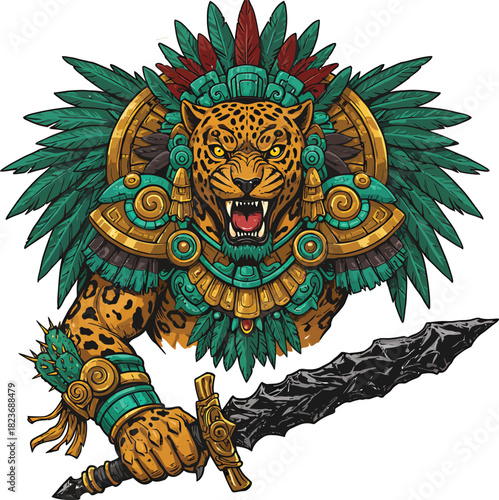 Fierce Aztec Jaguar Warrior with ornate feathered headdress and obsidian macuahuitl sword.