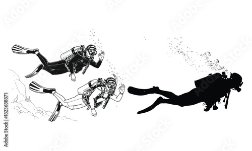 Scuba divers underwater exploration with silhouette and line art