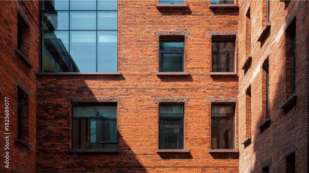Obraz premium Contrasting Modern Glass and Classic Brick Facade on Urban Building
