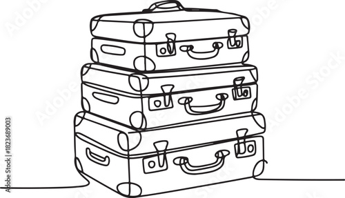 Continuous line art illustration of stacked old travel suitcases with tags using handmade sketch contour