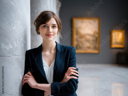 Confident young woman with stitched brown hair in navy blazer stands in elegant art gallery, smiling softly, modern and professional