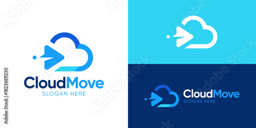 Creative modern cloud move logo template. Cloud with arrow right for Moving cloud logo design vector illustration.