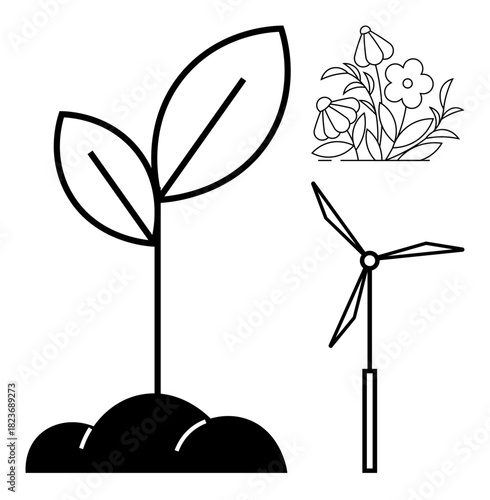 Seedling emerging from soil, a wind turbine, and blooming flowers emphasizing growth, nature, and renewable energy. Ideal for sustainability, environmental protection, ecology, renewable resources