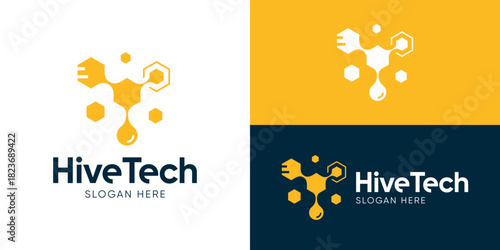 Creative modern hive tech logo template. Abstract honey comb with honey drops logo design vector illustration.